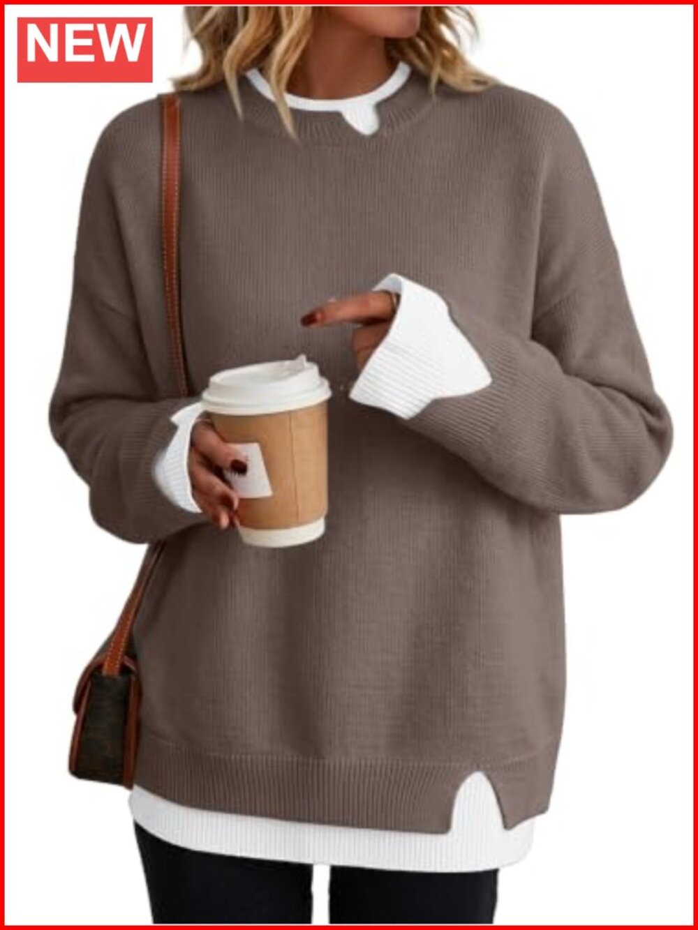 Oversized Patchwork Sweater Slit Cuff Crew Neck Pullover